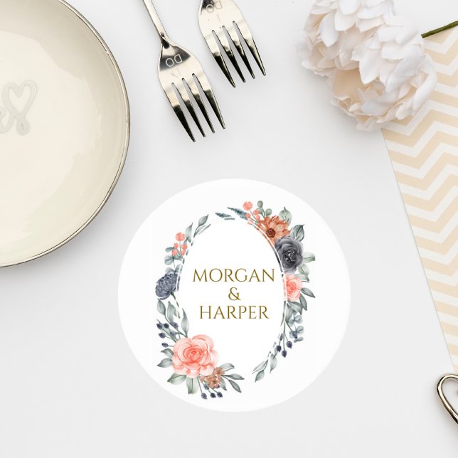 Wedding Coaster with Soft Peach & Blue Flowers Underlägg Papper Rund (Skapare uppladdad)