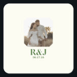Wedding Couple Add Photo Green Monogram Fyrkantigt Klistermärke<br><div class="desc">Create special wedding stickers featuring your monograms and desired photo! Green with a very light shade of yellow. Add one photo to be featured. Simple and modern appeal. Customize the text with your desired couple monogram and wedding date. Part of the Romantic Tree Design collection. Use the template to personalize....</div>