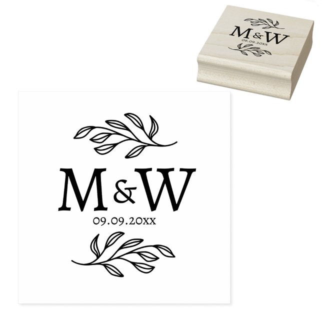 Wedding Couple Monogram Date Elegant Botanical Stämpel (Modern wedding couple monogram initials botanical leaf wedding date personalized rubber stamp)