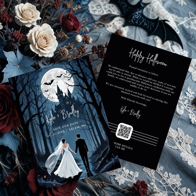 Wedding Couple Spooky Forest Toward Haunted Castle Spara Datumet (Wedding Couple in Spooky Forest Toward Haunted Castle Save the Dates Cards with QR Code.)