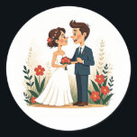 Wedding Couple Stickers Runt Klistermärke<br><div class="desc">Delightful illustration of a bride and groom surrounded by vibrant flowers,  perfect for romantic decorations and wedding-themed items.</div>