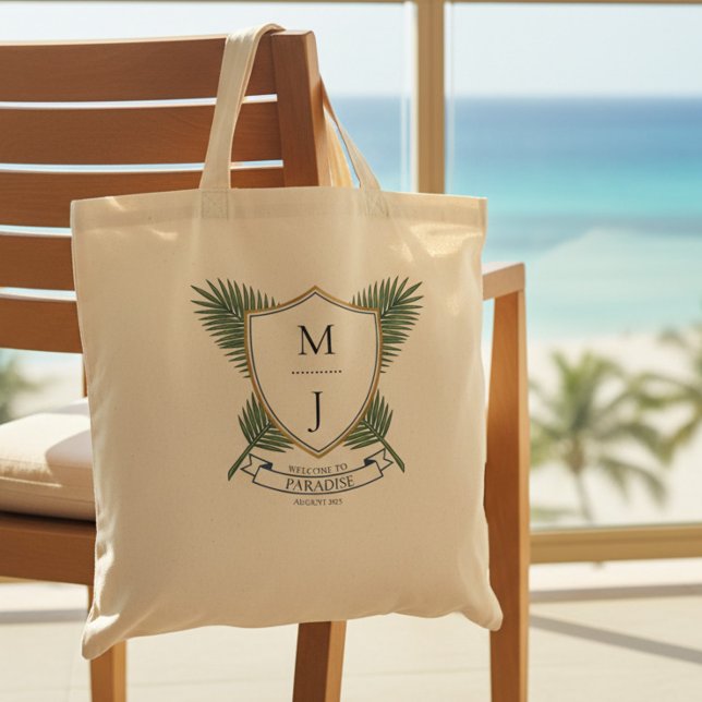 Wedding Crest Tropical Palm Leaf Resort Välkommen Tygkasse (Destination BeachWedding hotel welcome bag. Bride and groom's preppy, tropical monogrammed crest)