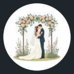 Wedding Day Bliss Runt Klistermärke<br><div class="desc">Celebrate the joy of love with this elegant sticker depicting a couple kissing under a beautiful rose arch.</div>