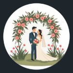 Wedding Day Couple Sticker Runt Klistermärke<br><div class="desc">Adorable sticker featuring a bride and groom under a floral arch,  perfect for wedding scrapbooks,  invitations,  or gifts.</div>