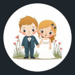 Wedding Day Couple Stickers Runt Klistermärke<br><div class="desc">Adorable cartoon stickers of a bride and groom holding hands in a field of flowers,  perfect for wedding celebrations and romantic notes.</div>