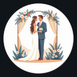 Wedding Day Moments Runt Klistermärke<br><div class="desc">Adorable digital illustration of a couple standing under a floral arch,  perfect for celebrating love and romance.</div>