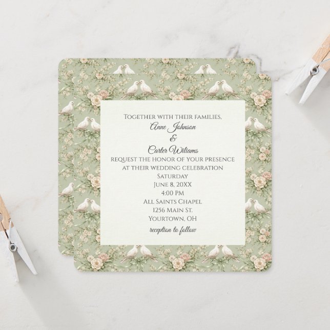 Wedding Doves and Sage Green Ribbons Inbjudningar (Fram/Back In Situ)