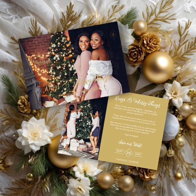 Wedding Exclusive Whimsical Golden Script 2 Photos Julkort (Exclusive Whimsical Gold Typography Rings & Merry Things Quote Holidays as a Save the date Card.)