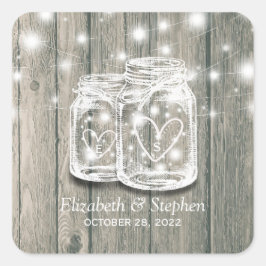 Wedding Favor Tack Rustic Wood Mason Burk Lamp Fyrkantigt Klistermärke