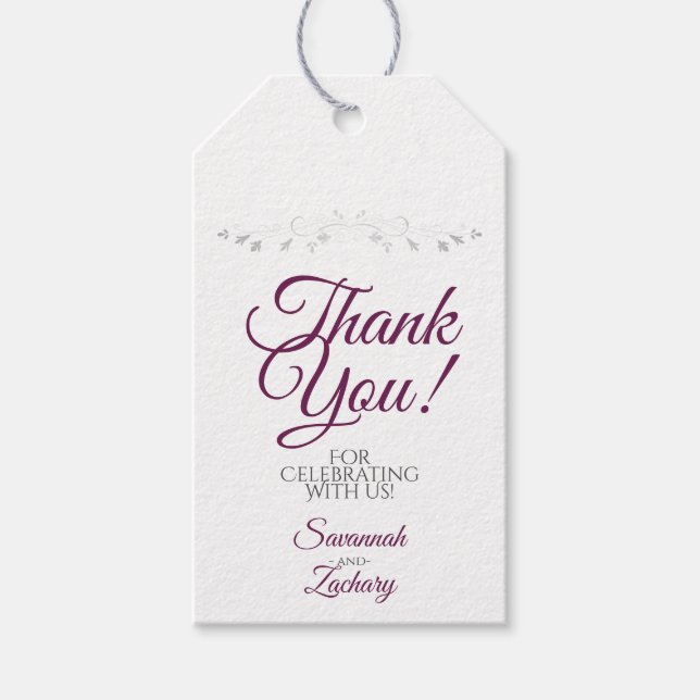 Wedding Favor Tack White med Cassis Lila Presentetikett (Framsidan)