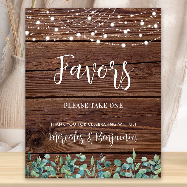 Wedding Favors Rustic Wood Greenery String Ljus Poster (Skapare uppladdad)