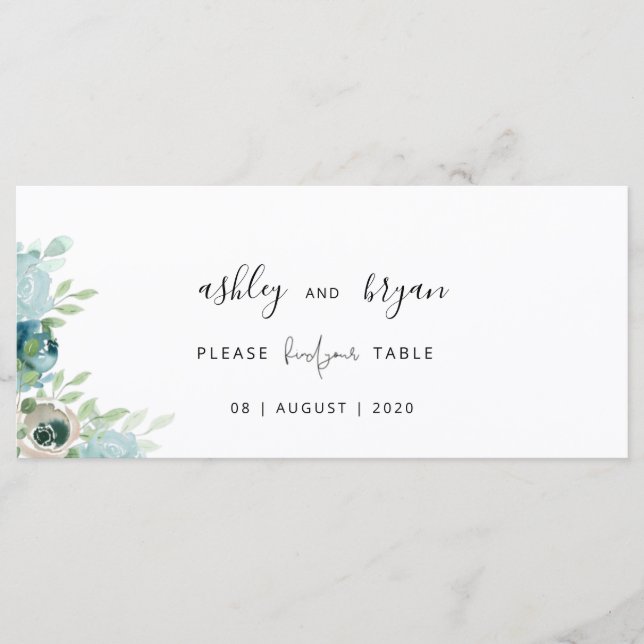 Wedding Find Your Table Dusty Blue Floral Card Program (Framsida)