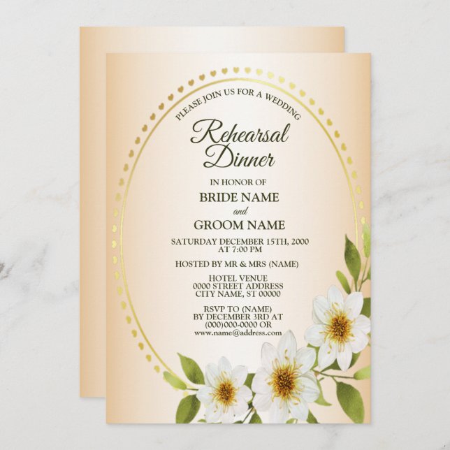 Wedding Golden White Floral Peach Rehearsal Dinner Inbjudningar (Fram/baksida)
