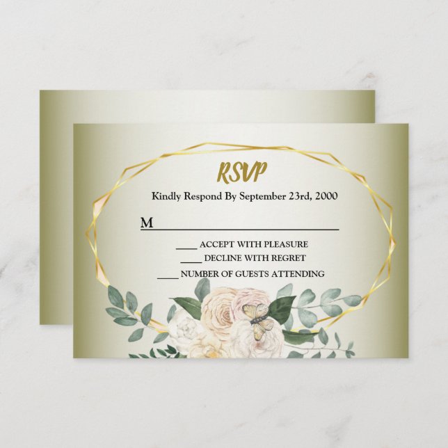 Wedding Greenery Leaves Pink Floral Gold Geometric OSA Kort (Fram/baksida)