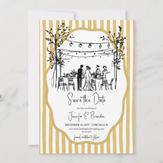 Wedding hand sketched mustard striped inbjudningar
