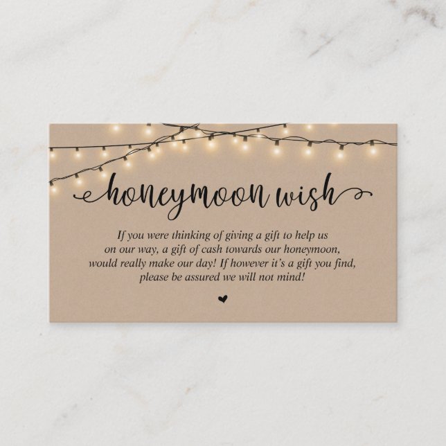 Wedding Honeymoon Fund Wish, Rustic String Lights Tilläggskort (Framsida)