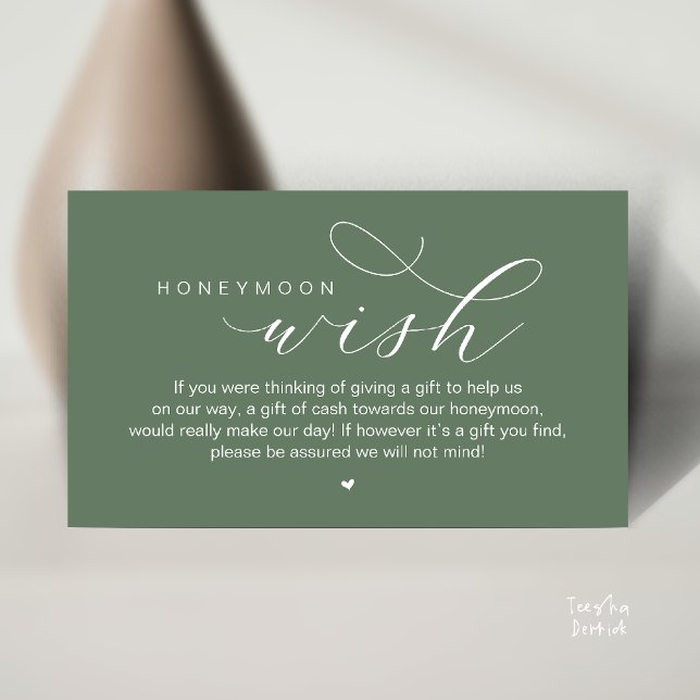 Wedding Honeymoon Wish, Modern Classy  Tilläggskort (Wedding Honeymoon Wish, Cash, Modern elegance minimal Enclosure Card cute heart in Sage Green)