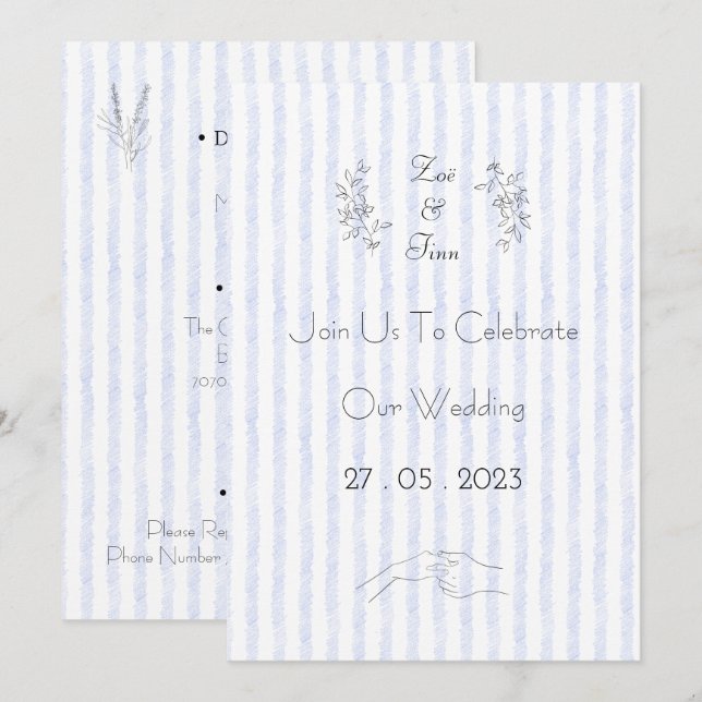 Wedding Invitation (12,7 x 17,8 cm) - Blue Stripes Inbjudningar (Fram/baksida)