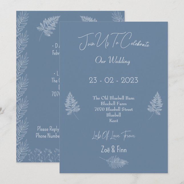 Wedding Invitation (12,7x17,8cm) - Blue And White Inbjudningar (Fram/baksida)