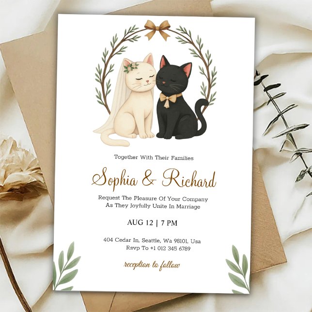 Wedding invitation card with a beige and black cat inbjudningar (Skapare uppladdad)