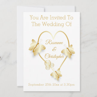 Wedding Invitation Gold Coloured Heart Butterfly Inbjudningar