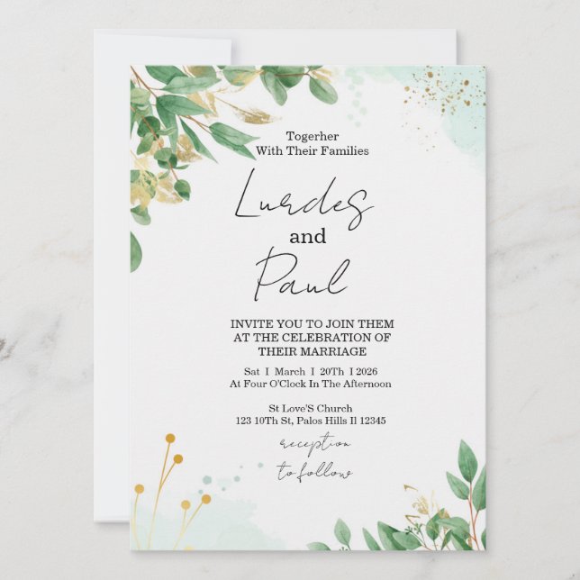  Wedding invitation  green flowers with gold Inbjudningar (Framsida)