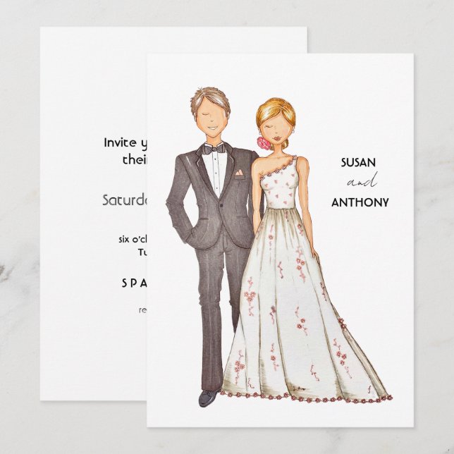 Wedding invitation, hand drawn illustration. inbjudningar (Fram/baksida)