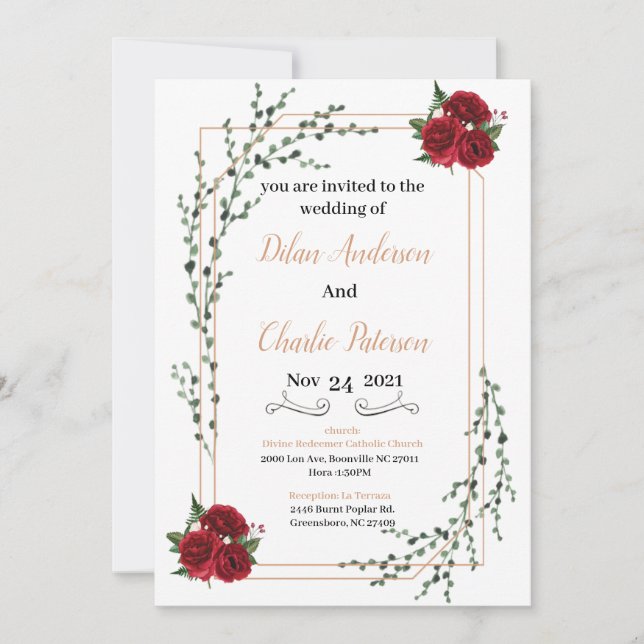 Wedding Invitation, red rose  Gold  (Framsida)