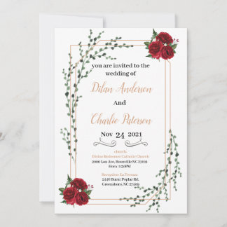 Wedding Invitation, red rose Gold