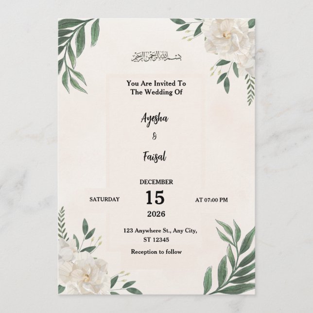 Wedding Invitation with Elegant Greenery and White Program (Framsida)