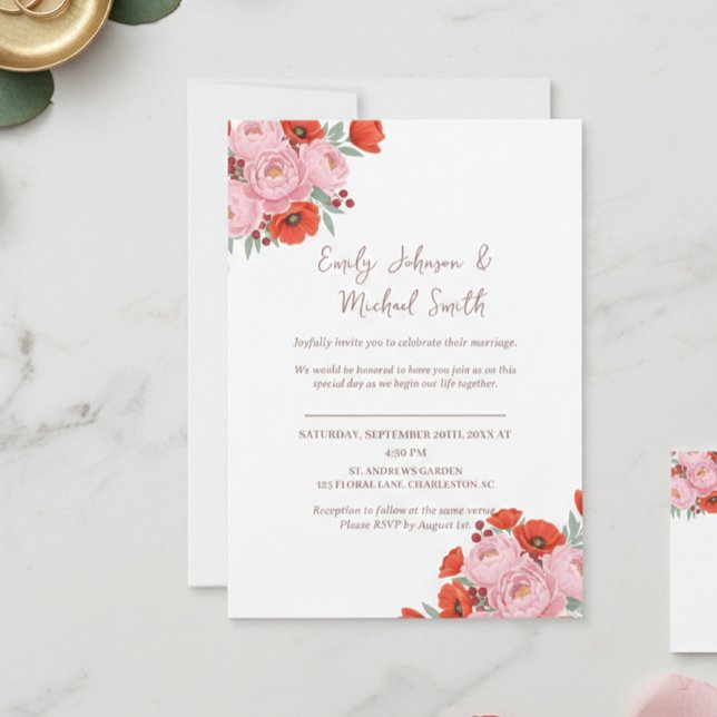 Wedding Invitation with Peonies and Poppies Inbjudningar (Skapare uppladdad)