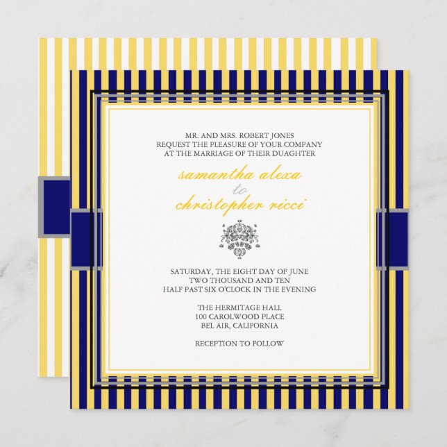WEDDING-INVITATIONER FÖR gult+NAVY BLUE STRIPS Inbjudningar (Fram/baksida)