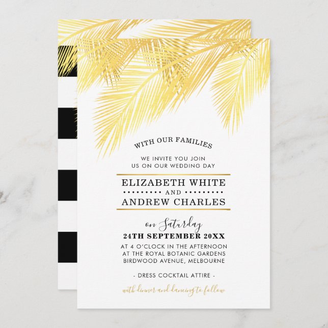 WEDDING INVITE chic modern fronds löv guld handfla Inbjudningar (Fram/baksida)