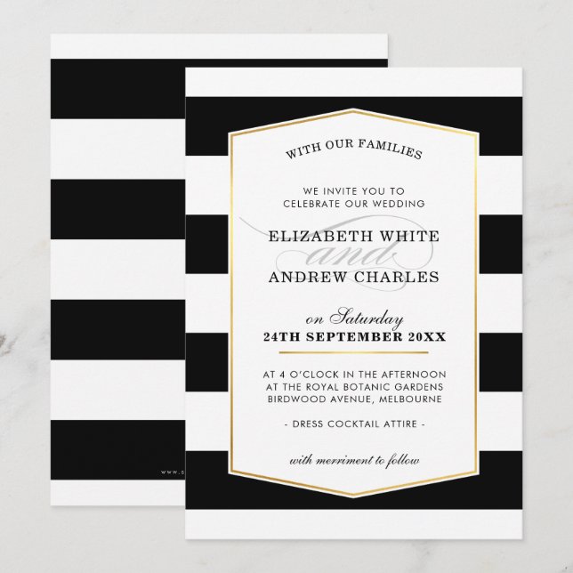 WEDDING INVITE chic modern svartvit rand guld Inbjudningar (Fram/baksida)