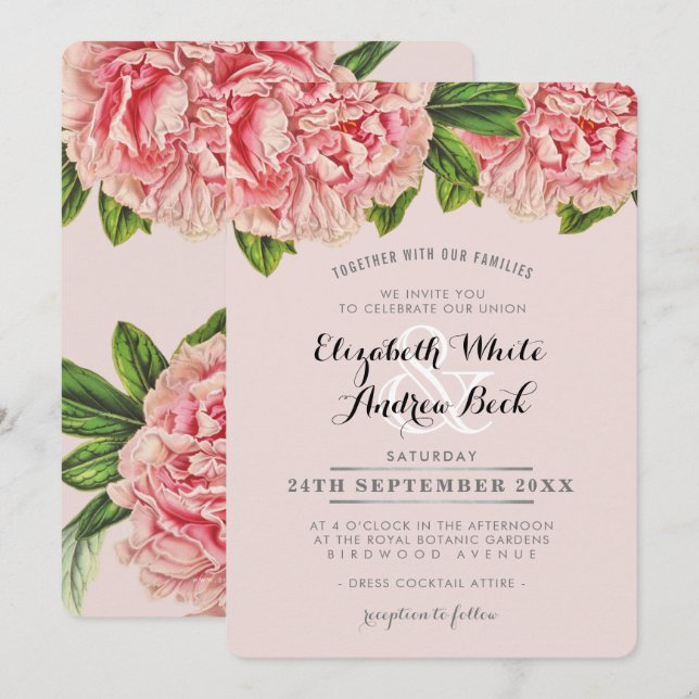 WEDDING INVITE chic  rosa blommigt peony-blomma Inbjudningar (Fram/baksida)