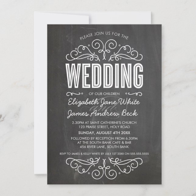 WEDDING INVITE elegant flourish chalkboard grått Inbjudningar (Framsida)