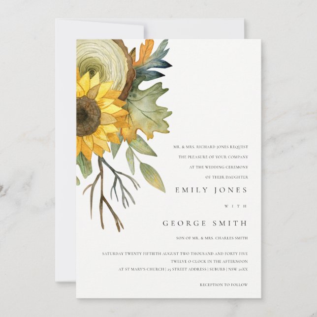 WEDDING-INVITE FÖR BLOMMIGT AV gult SUNFLOWER-VATT Tack Kort (Framsida)