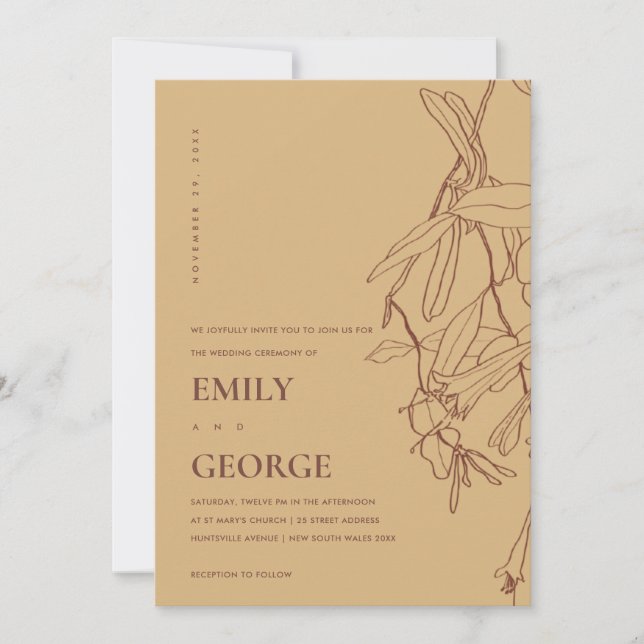 WEDDING-INVITE FÖR OCHRE GULT LINE TECKNING BLOMMI TACK KORT (Framsida)