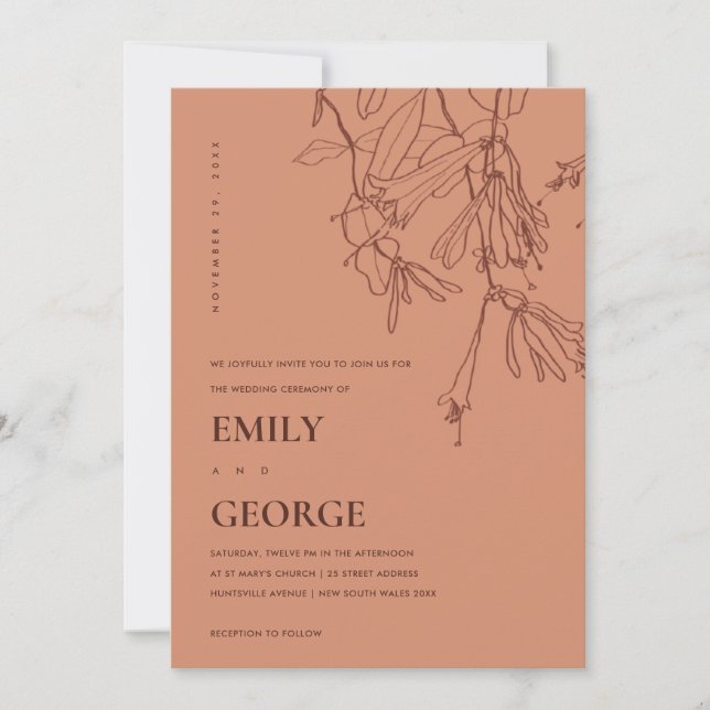 WEDDING INVITE FÖR orange RUST LINE TECKNING BLOMM Tack Kort (Framsida)