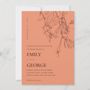 WEDDING INVITE FÖR orange RUST LINE TECKNING BLOMM Tack Kort
