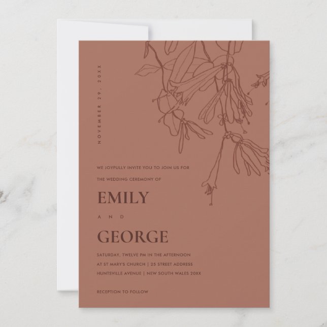 WEDDING INVITE FÖR TERRACOTTA LINE TECKNING BLOMMI TACK KORT (Framsida)