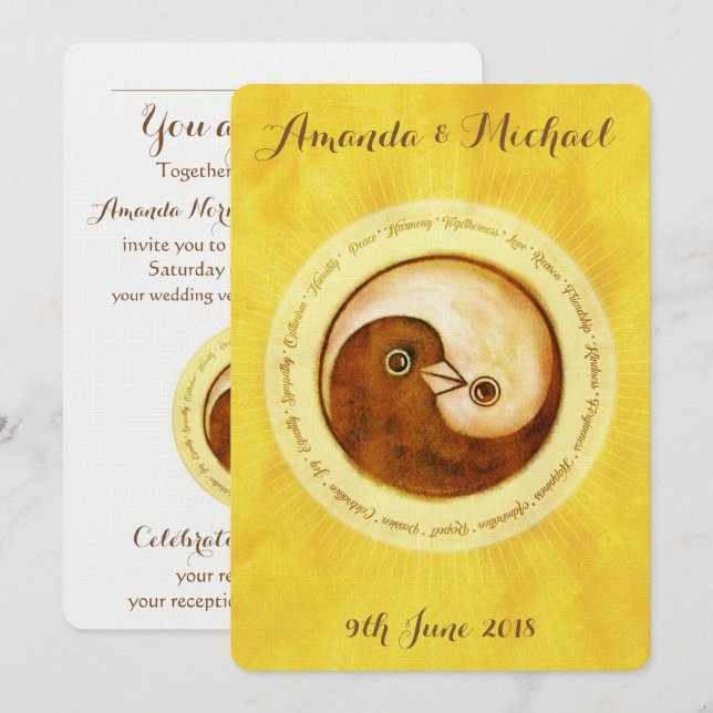 WEDDING INVITE guld harmoniy Yin Yang-duvor Inbjudningar (Fram/baksida)