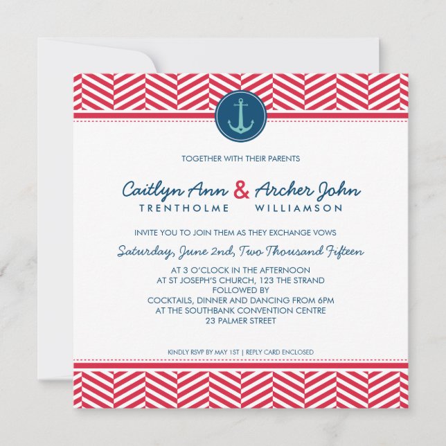 WEDDING INVITE nautical anchor marinavy red aqua Inbjudningar (Framsida)
