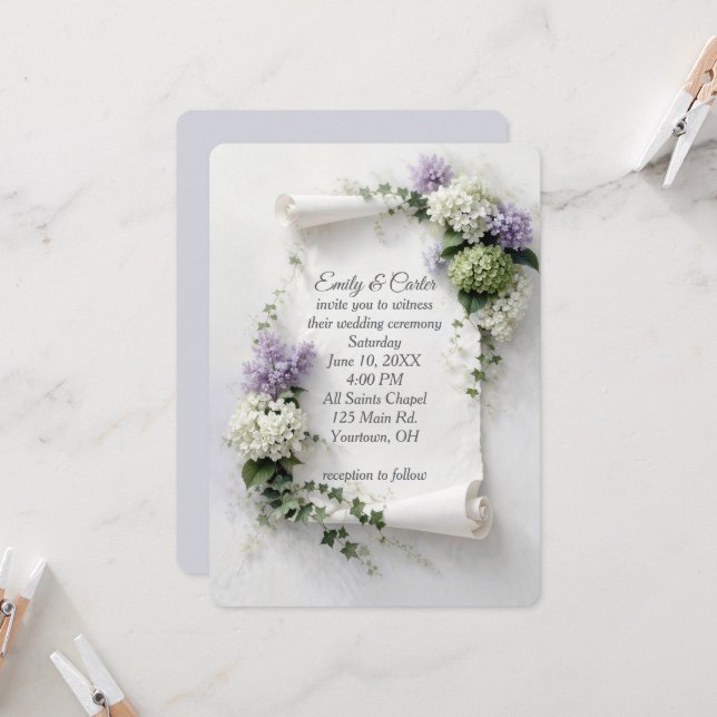 Wedding Invite Scroll with Lilacs and Hydrangeas  Inbjudningar (Fram/Back In Situ)