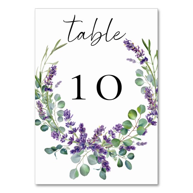 Wedding lavender florals eucalyptus greenery bordsnummer (Framsidan)