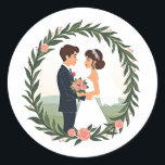 Wedding Love Emblem Runt Klistermärke<br><div class="desc">Cozy and charming sticker featuring a newlywed couple surrounded by a floral wreath,  perfect for celebrating love and unity.</div>