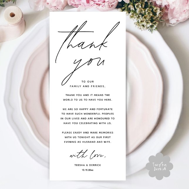 Wedding Minimalist Wedding Dinner Thank You Card Program (Wedding Minimalist Wedding Dinner Brunch Lunch Reception Thank You Card in Black and white)