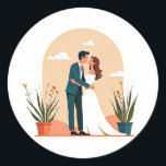Wedding Moment Sticker  Runt Klistermärke<br><div class="desc">Capture the romantic essence of a perfect wedding moment with this charming illustration of a couple sharing a kiss. Perfect for wedding celebrations and love-themed decor.</div>