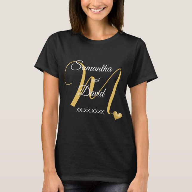 Wedding Monogram Design with Names and Date T Shirt (Framsida)