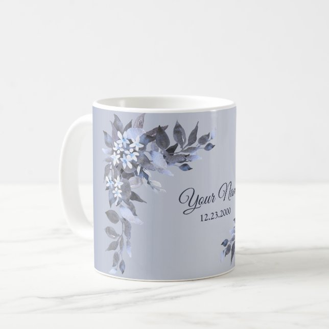 Wedding Navy Blue Floral Silver Gray Party Elegant Kaffemugg (Framsida vänster)